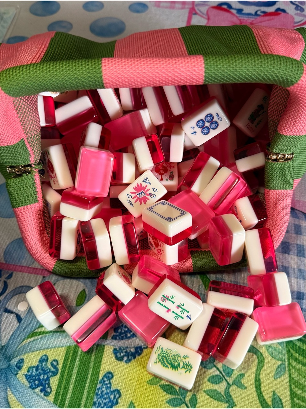 Pink and Green Striped Mahjong til Bag - (TILES NOT INCLUDED)